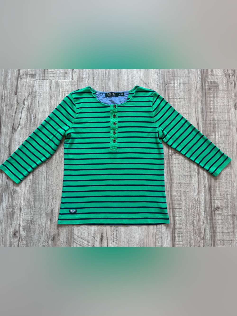 Vintage Lauren Ralph Lauren Green & Navy Stripe Henley Top y2k 90’s school